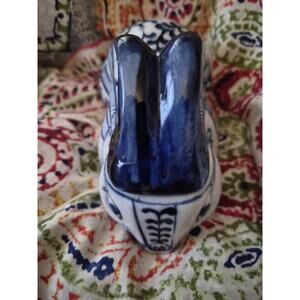 Vintage Blue And White Ceramic Rabbit Lidded Dish With Handpainted...